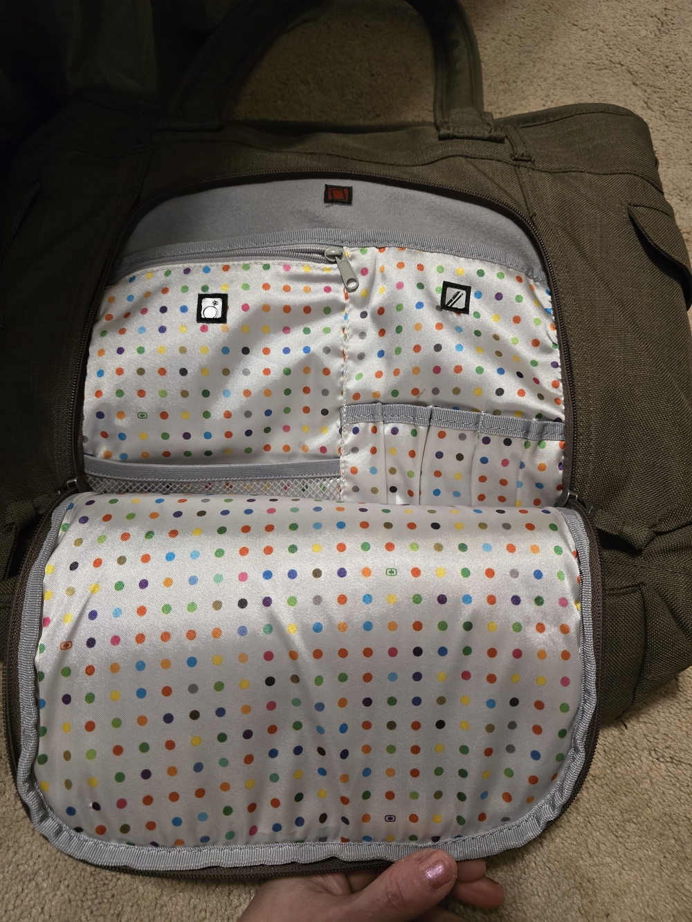 Olive Canvas Green Laptop Tote Multicolor Polka Dot Interior By OGIO - Picture 10 of 11